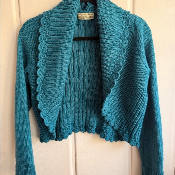 alpaca Sweaters - Women's Alpaca Teal Sweater with Scalloped Edges bolero SzM